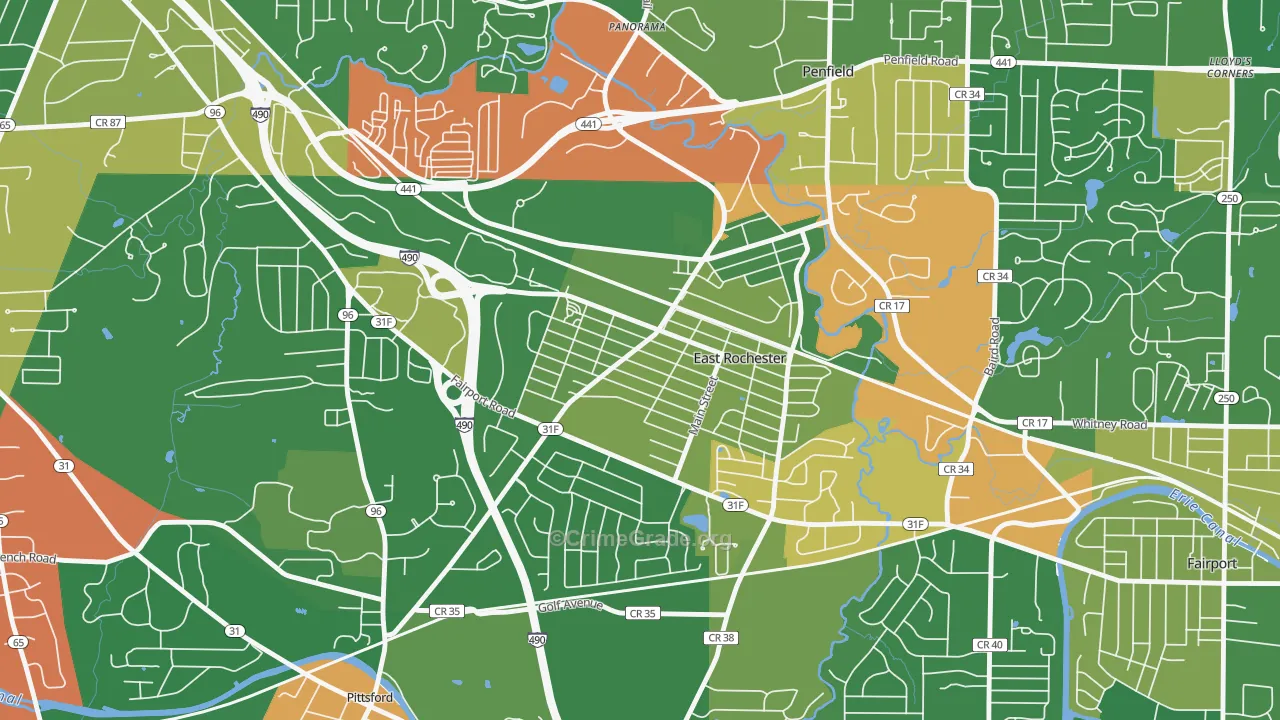 East Rochester, NY Map of Robbery Rates