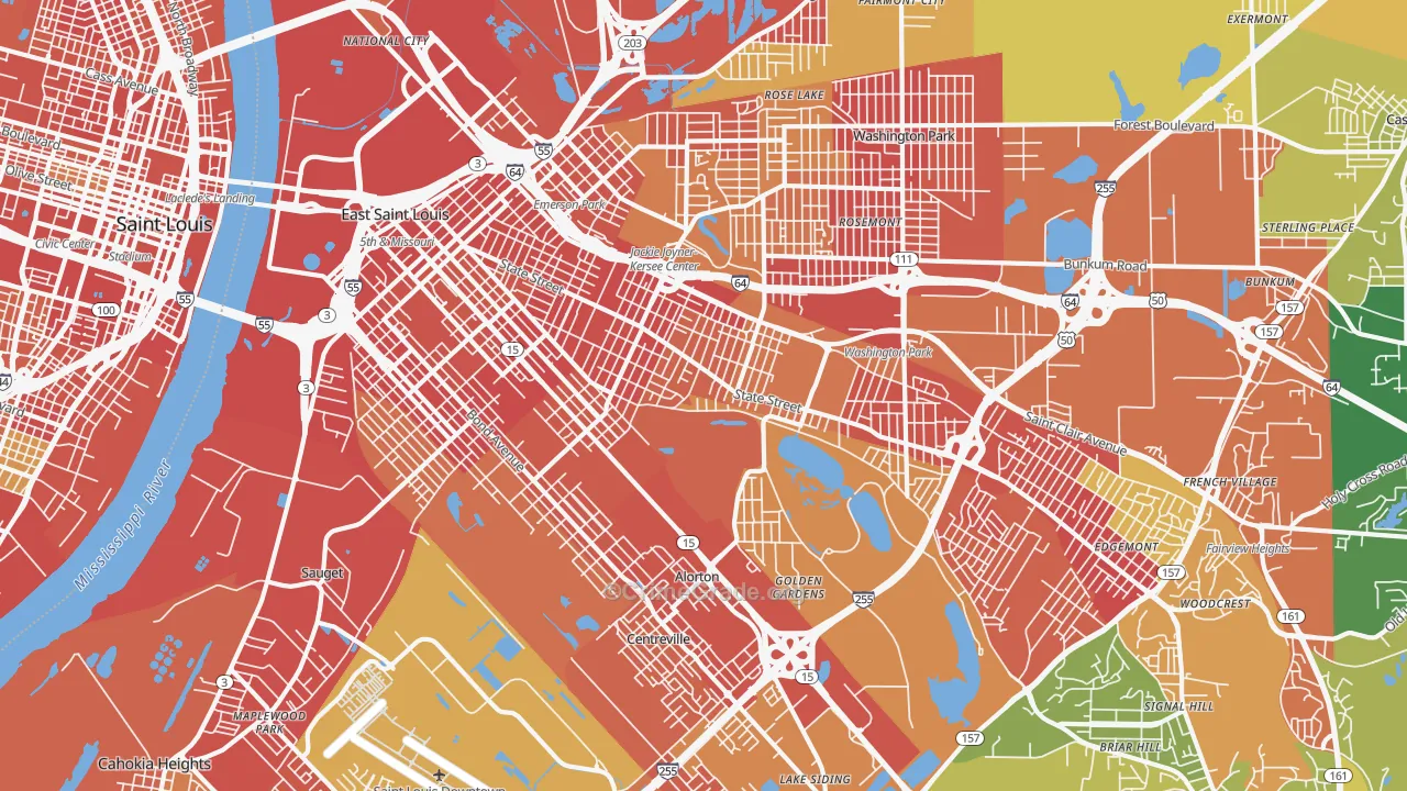 East St. Louis, IL Map of Robbery Rates
