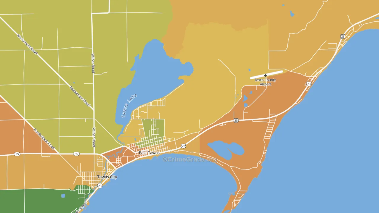 East Tawas, MI Map of Robbery Rates