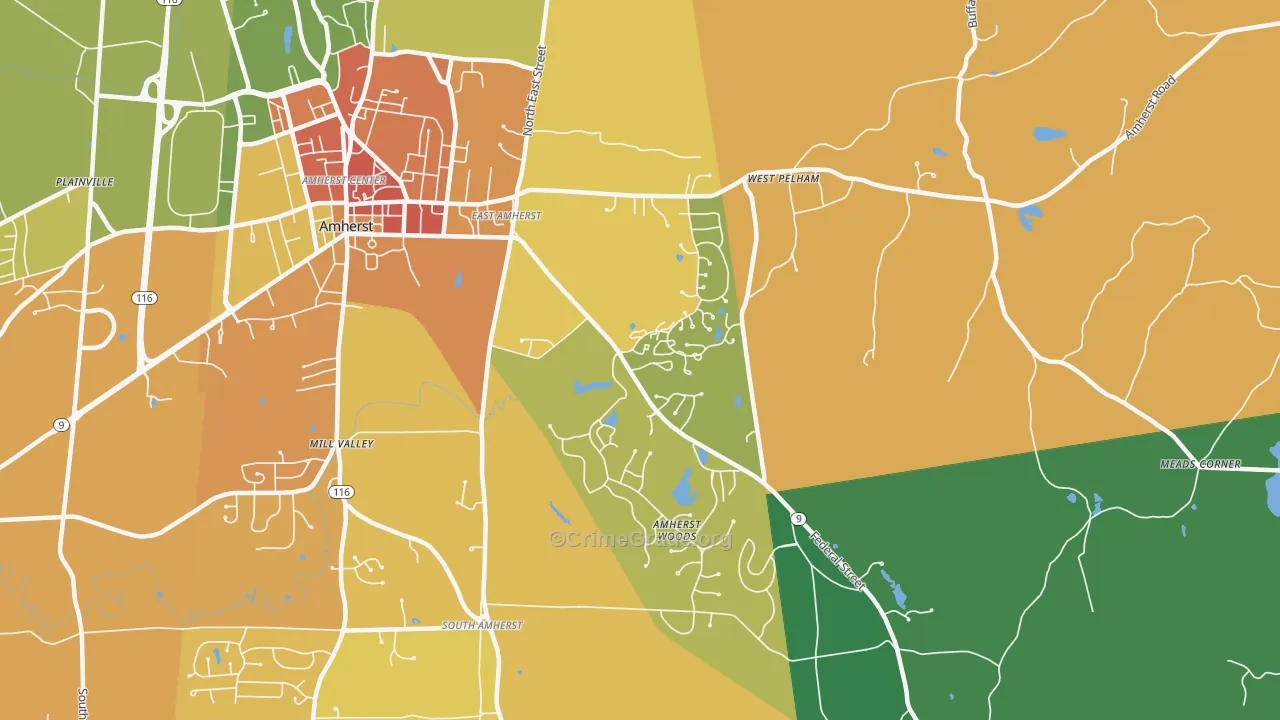 East Village, Amherst, MA Map of Robbery Rates
