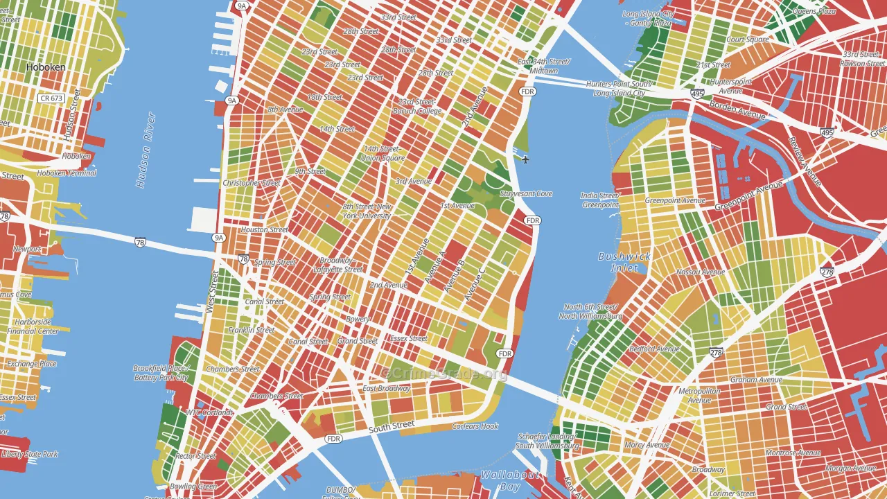 East Village, Manhattan, NY Map of Robbery Rates