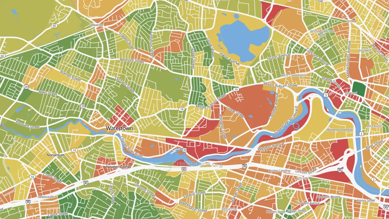 East Watertown, Watertown Town, MA Map of Robbery Rates