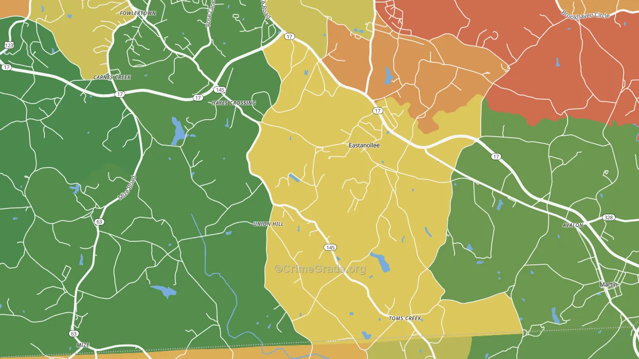 Eastanollee, GA Map of Robbery Rates