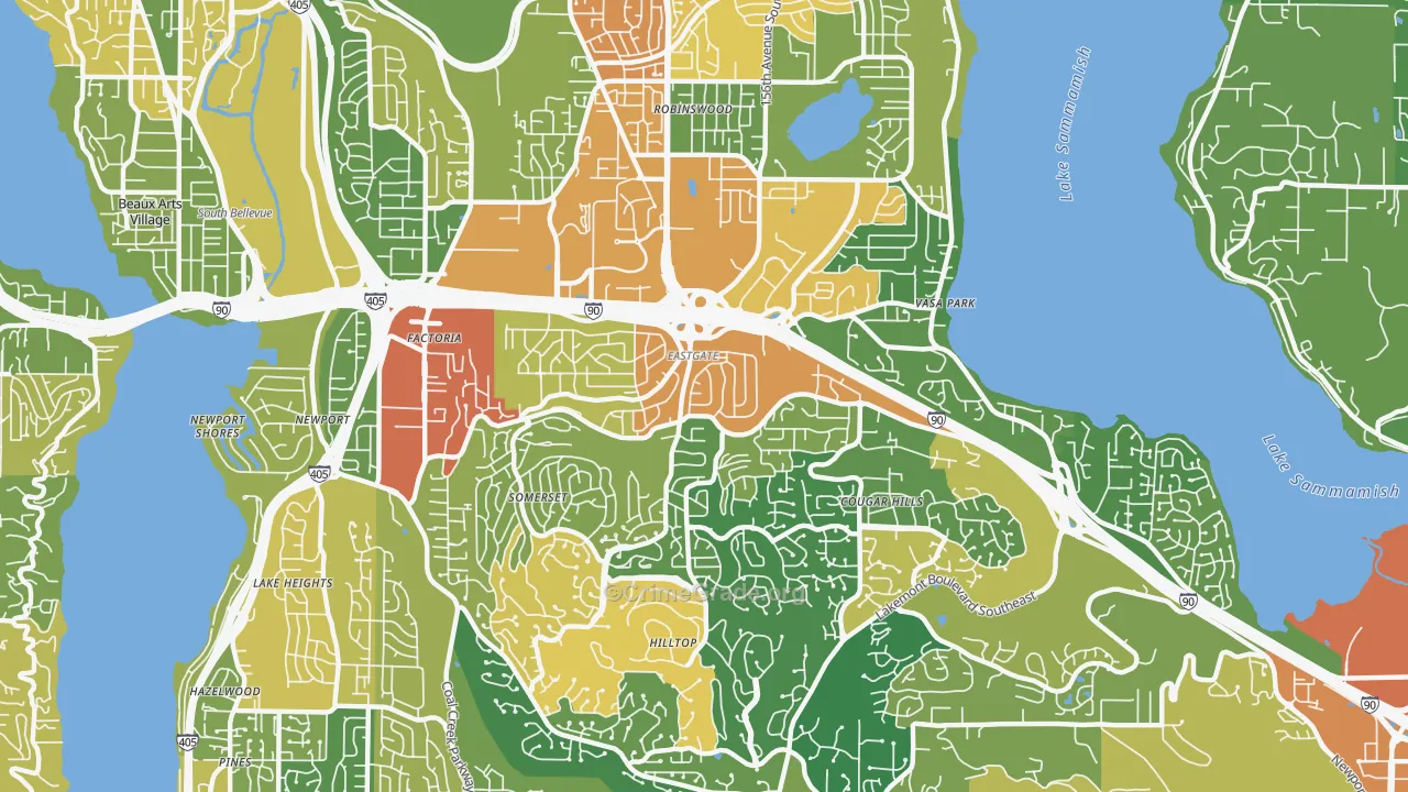 Eastgate, Bellevue, WA Map of Robbery Rates