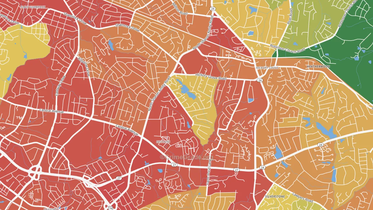 Eastland-Wilora Lake, Charlotte, NC Map of Robbery Rates