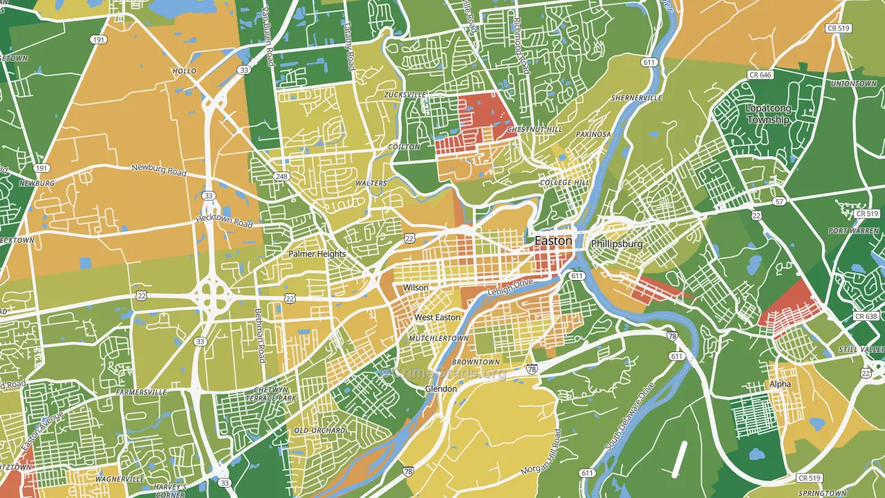 Easton, PA Map of Robbery Rates