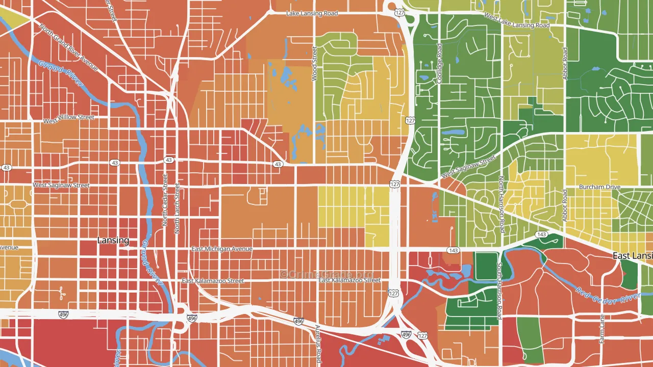 Eastside Lansing, Lansing, MI Map of Robbery Rates