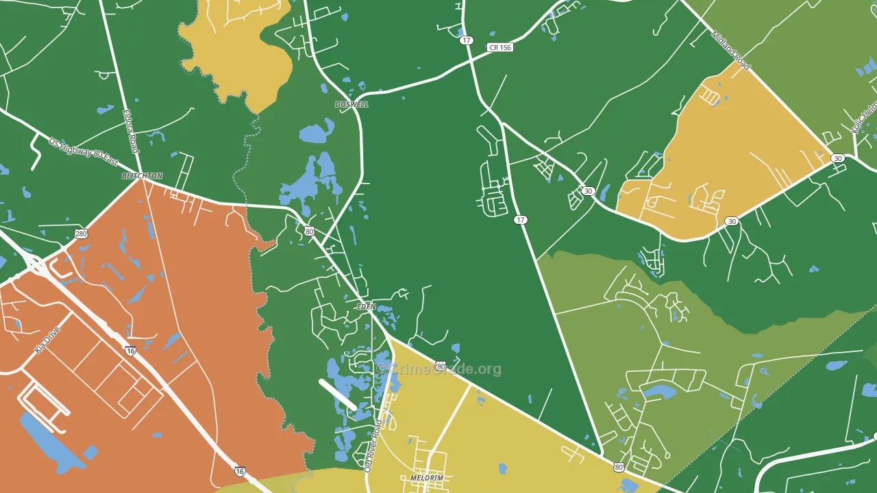 Eden, GA Map of Robbery Rates
