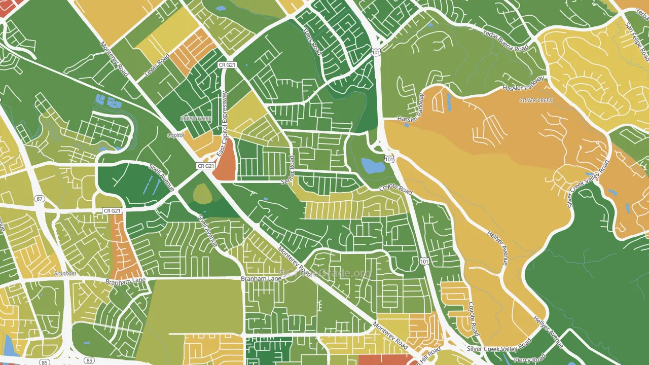 Edenvale-Seven Trees, San Jose, CA Map of Robbery Rates