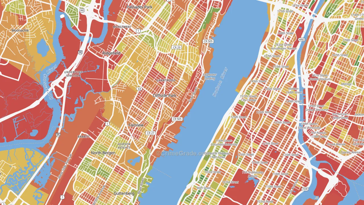 Edgewater, NJ Map of Robbery Rates