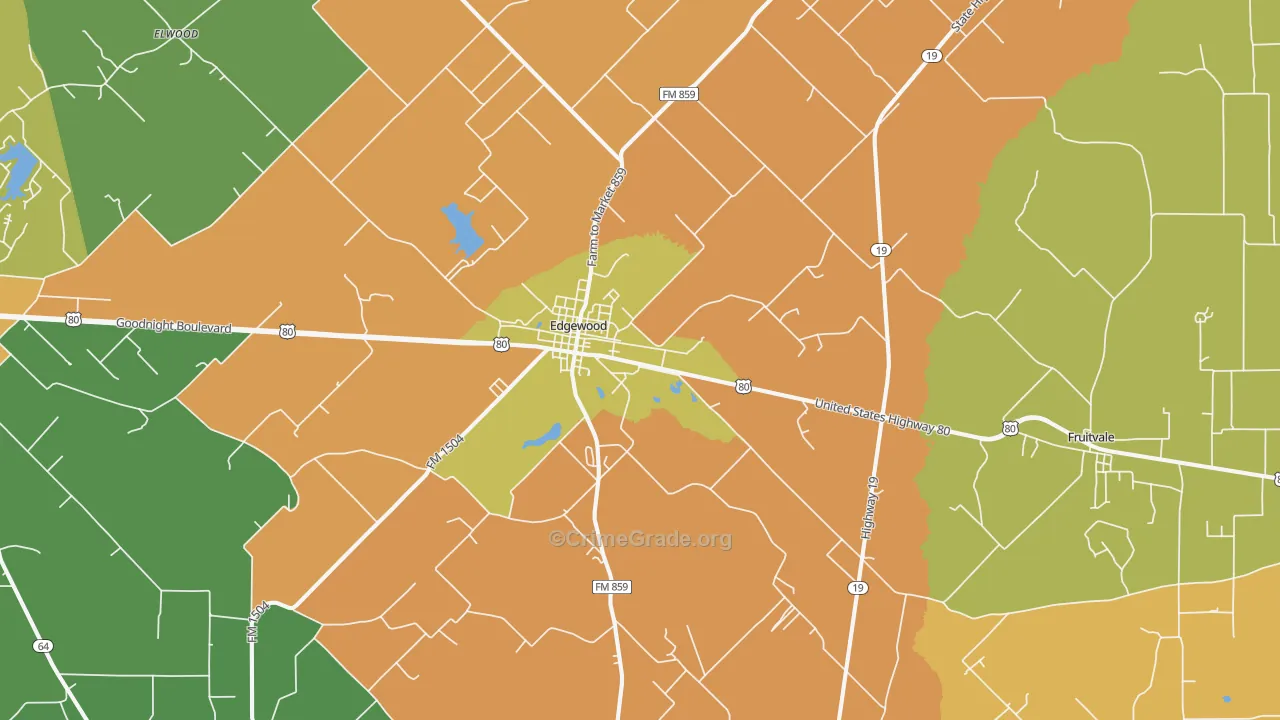 Edgewood, TX Map of Robbery Rates