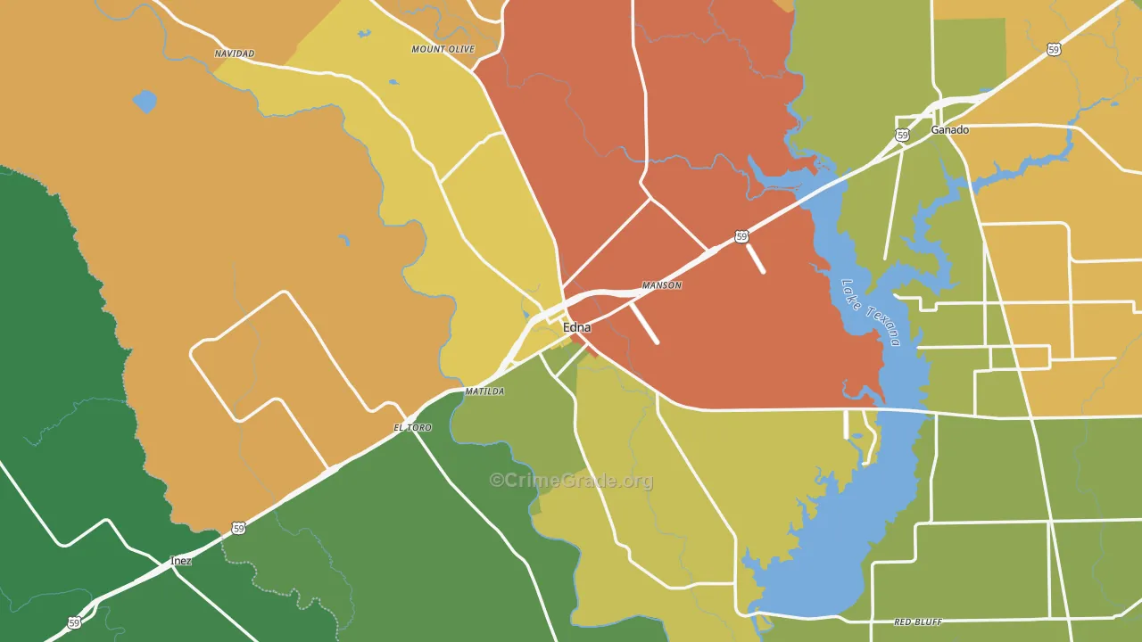 Edna, TX Map of Robbery Rates