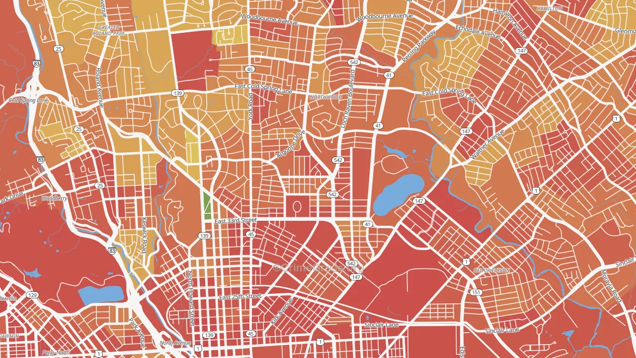 Ednor Gardens-Lakeside, Baltimore, MD Map of Robbery Rates
