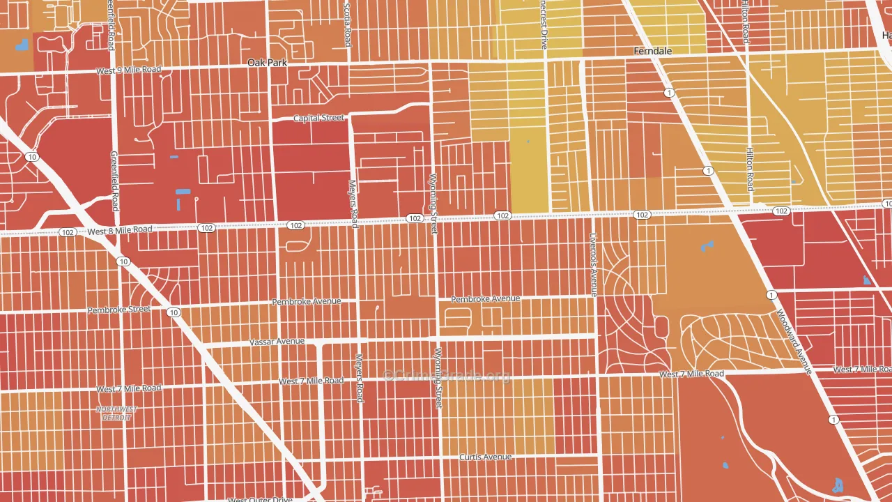 Eight Mile Wyoming, Detroit, MI Map of Robbery Rates