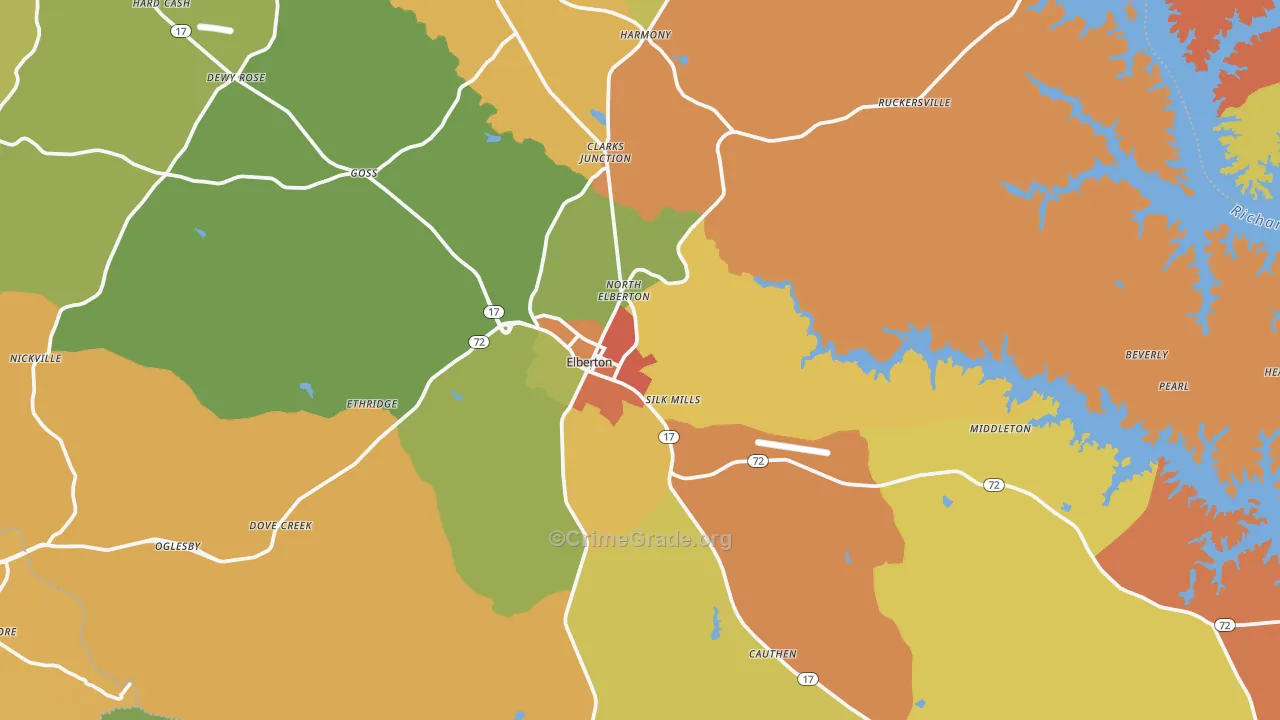 Elberton, GA Map of Robbery Rates