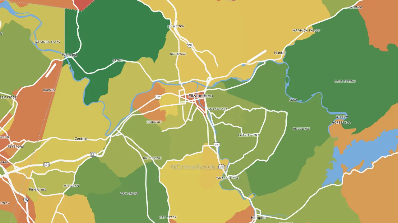 Elizabethton, TN Map of Robbery Rates