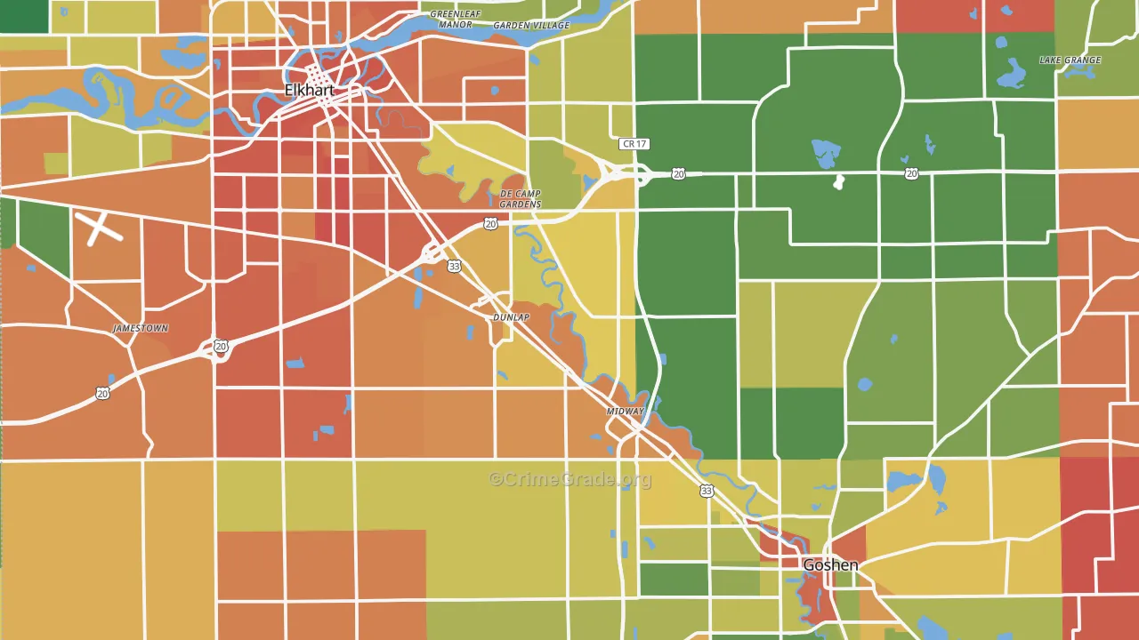 Elkhart County, IN Map of Robbery Rates