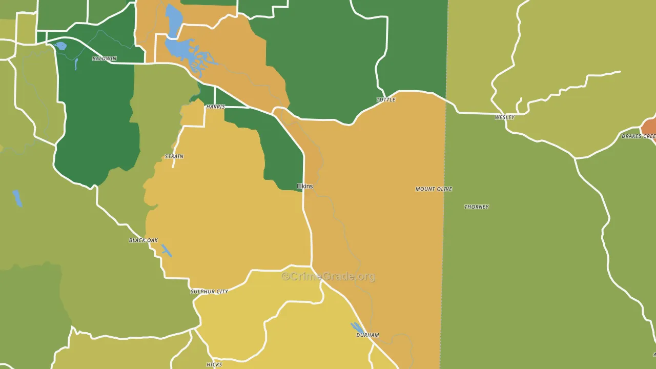 Elkins, AR Map of Robbery Rates