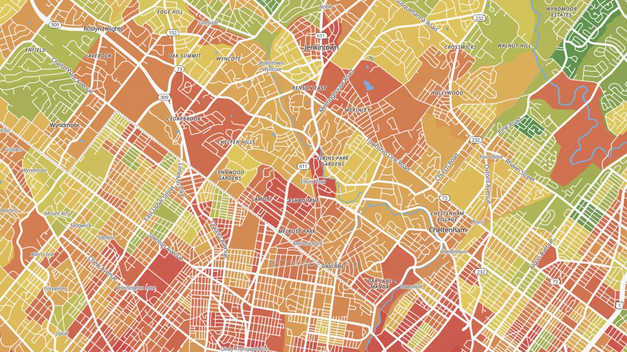 Elkins Park, PA Map of Robbery Rates