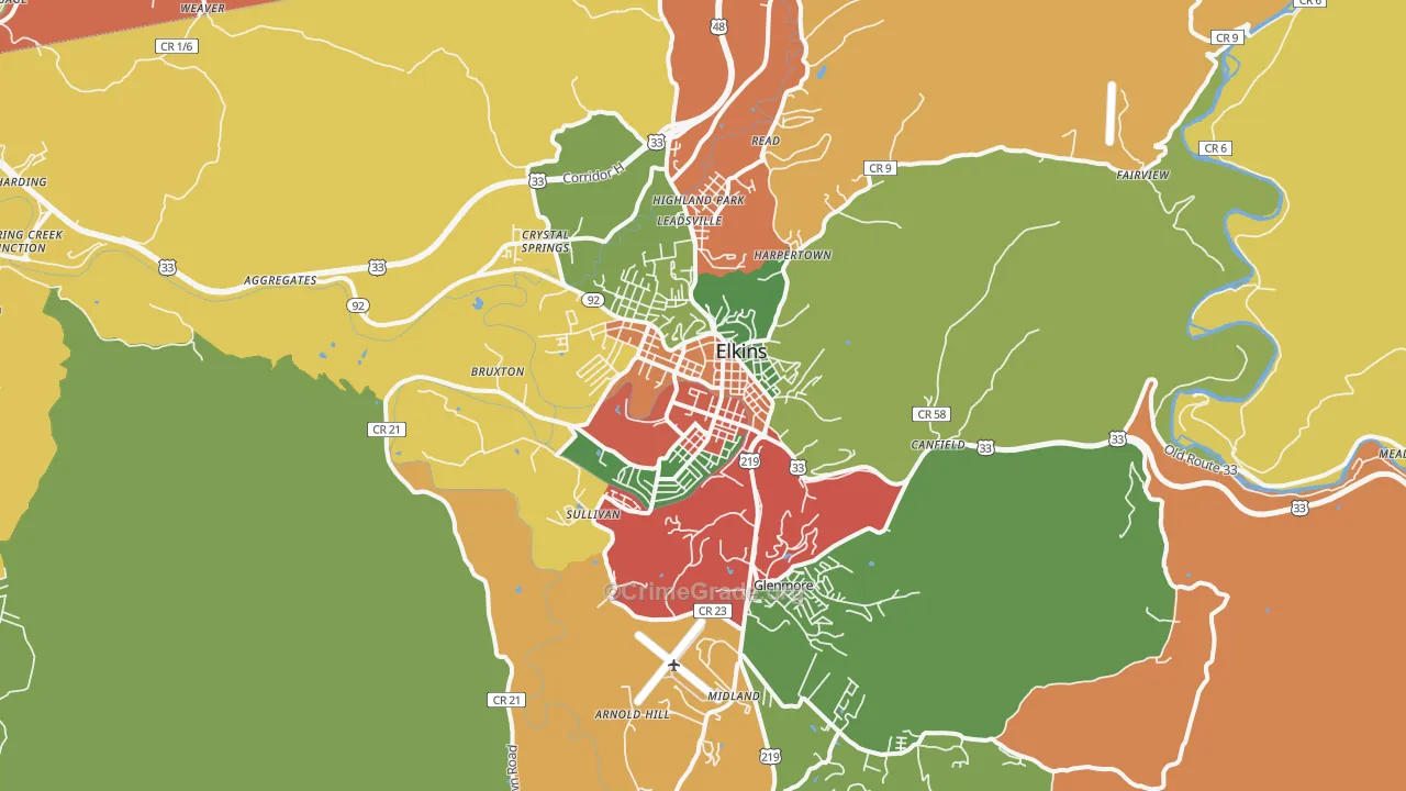 Elkins, WV Map of Robbery Rates