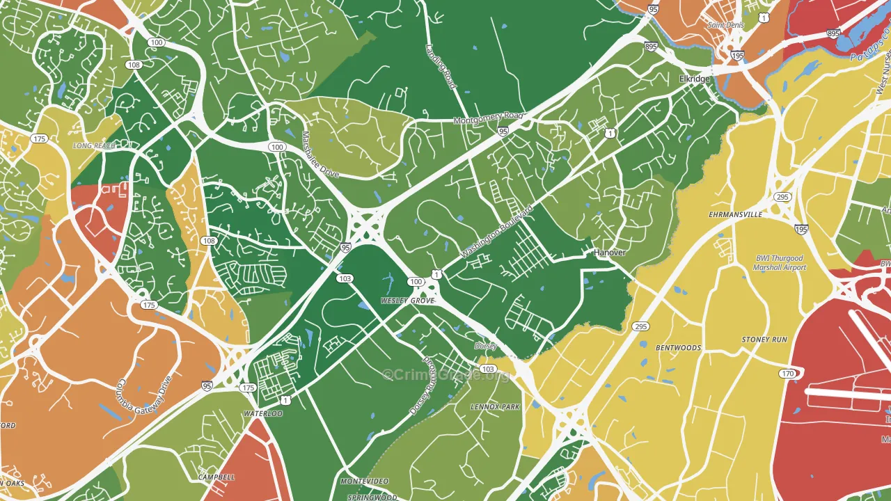 Elkridge, MD Map of Robbery Rates