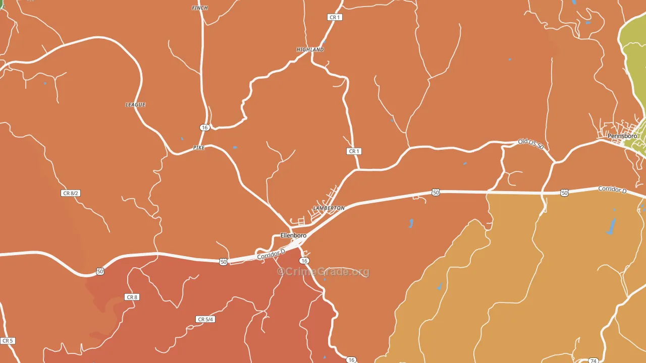 Ellenboro, WV Map of Robbery Rates