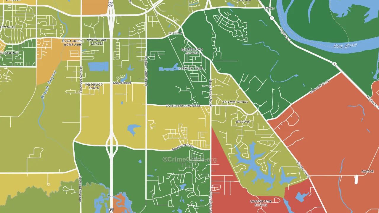 Ellerbee Woods, Shreveport, LA Map of Robbery Rates