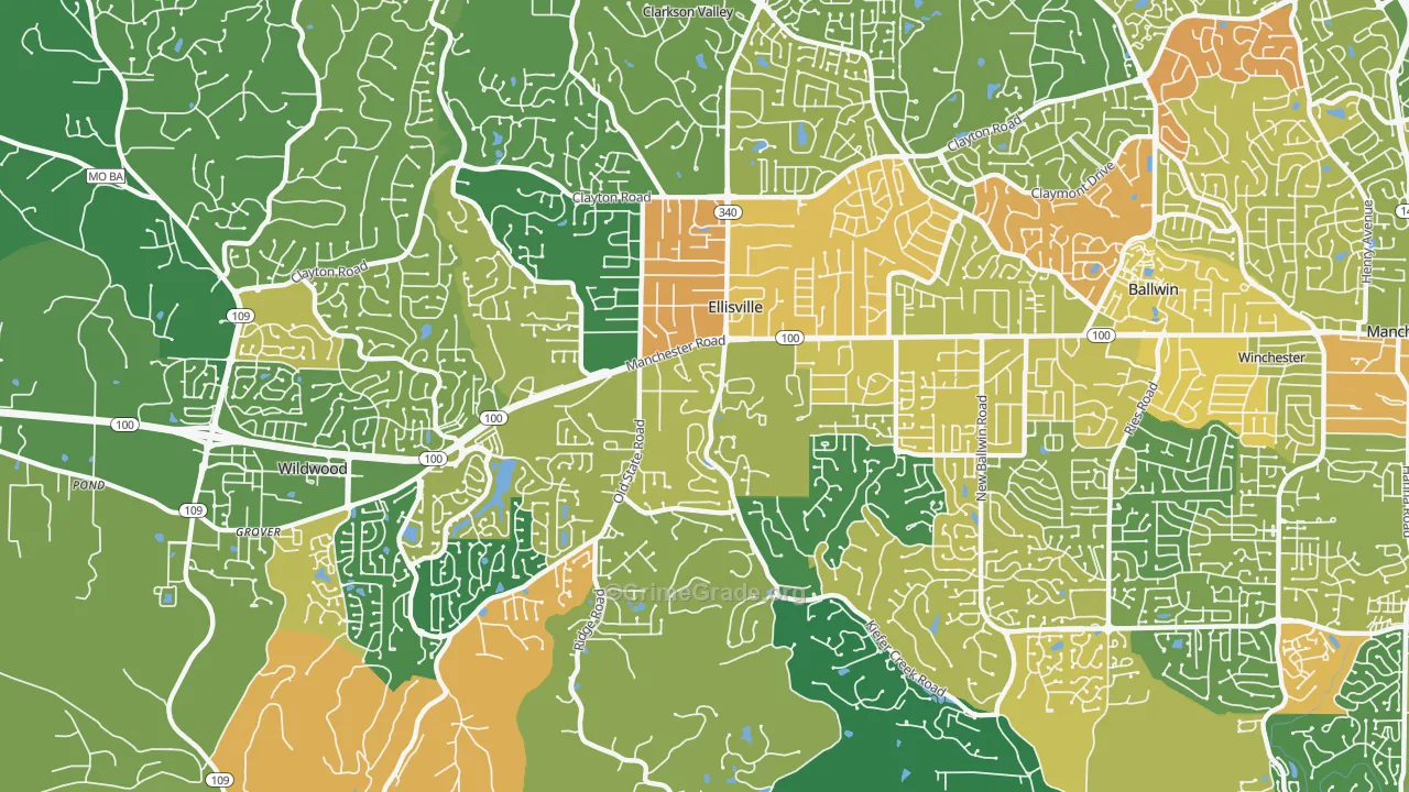 Ellisville, MO Map of Robbery Rates