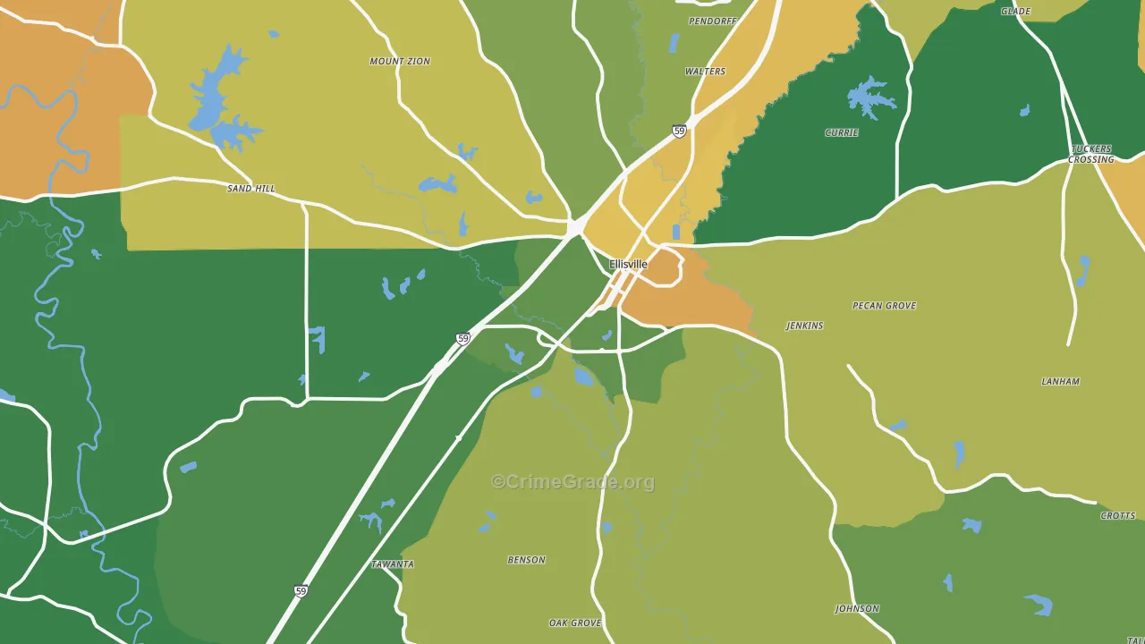 Ellisville, MS Map of Robbery Rates