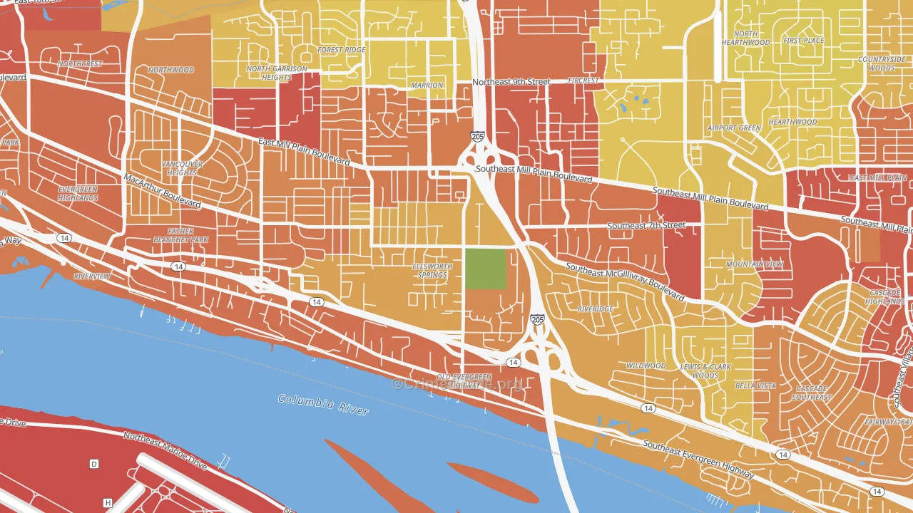 Ellsworth Springs, Vancouver, WA Map of Robbery Rates