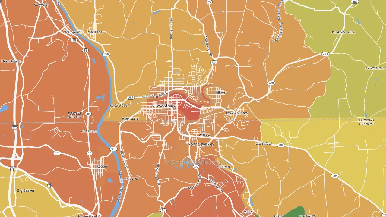 Ellwood City, PA Map of Robbery Rates