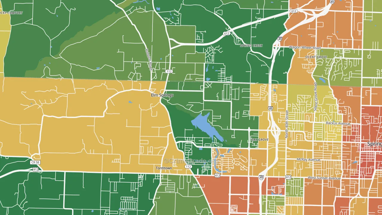 Elm Springs, AR Map of Robbery Rates