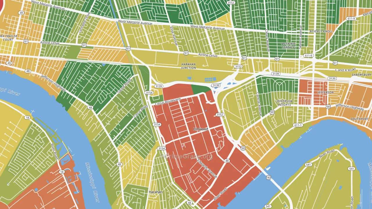 Elmwood, New Orleans, LA Map of Robbery Rates