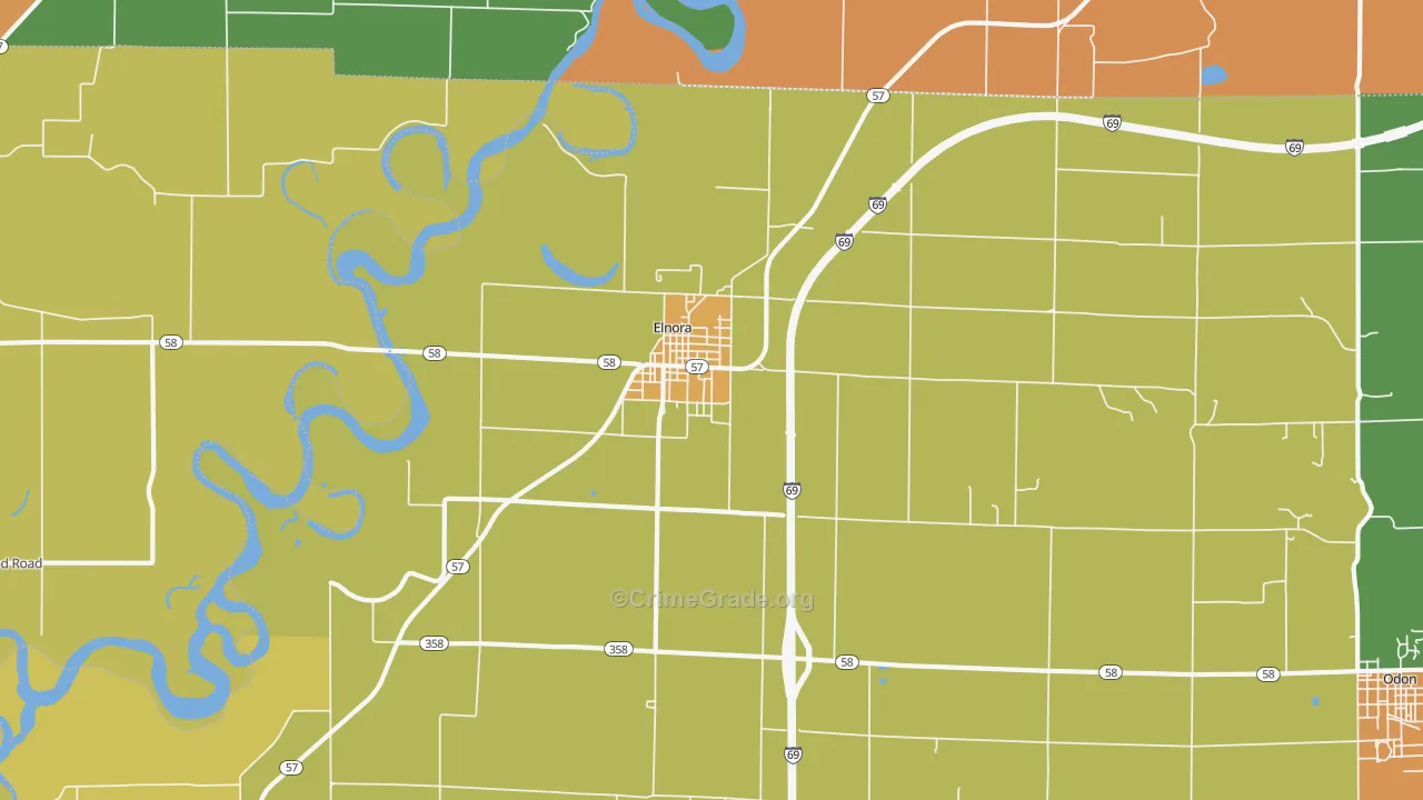 Elnora, IN Map of Robbery Rates