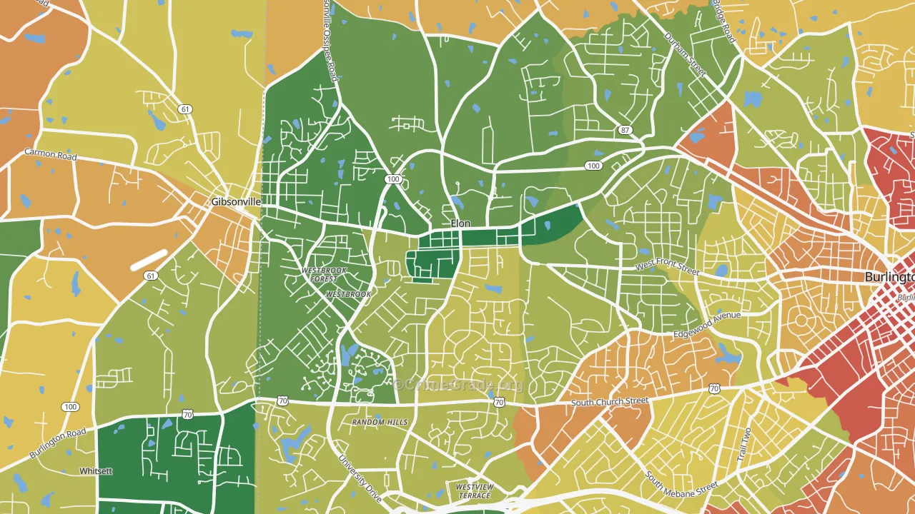 Elon, NC Map of Robbery Rates
