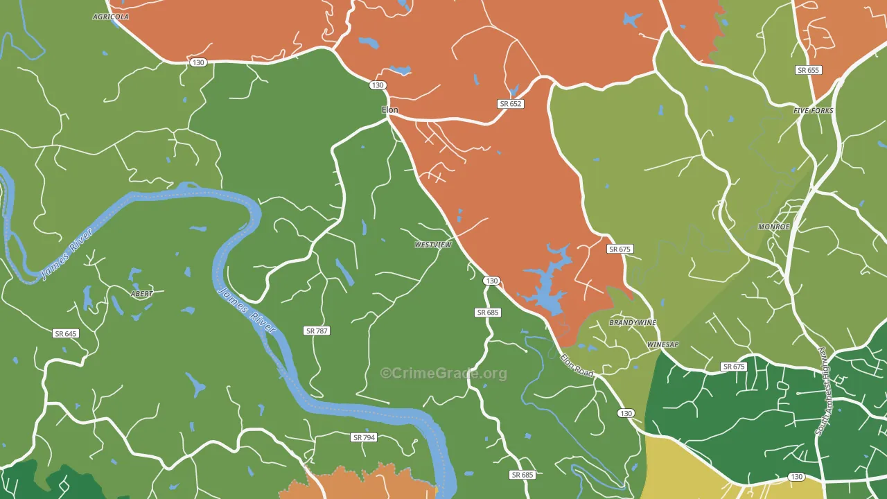 Elon, VA Map of Robbery Rates