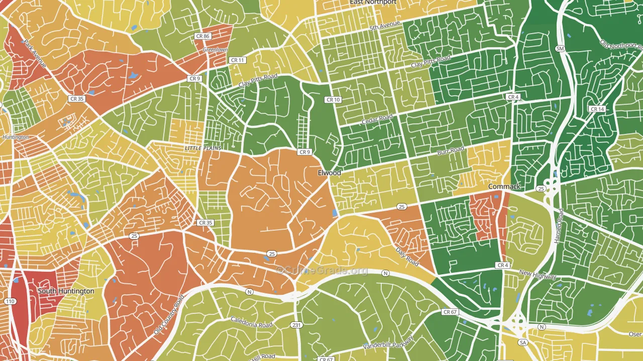 Elwood, East Northport, NY Map of Robbery Rates