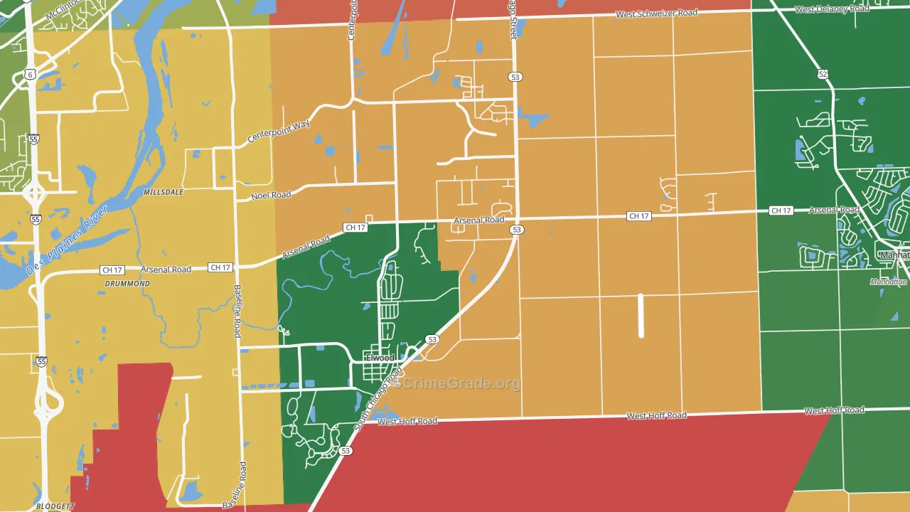 Elwood, IL Map of Robbery Rates