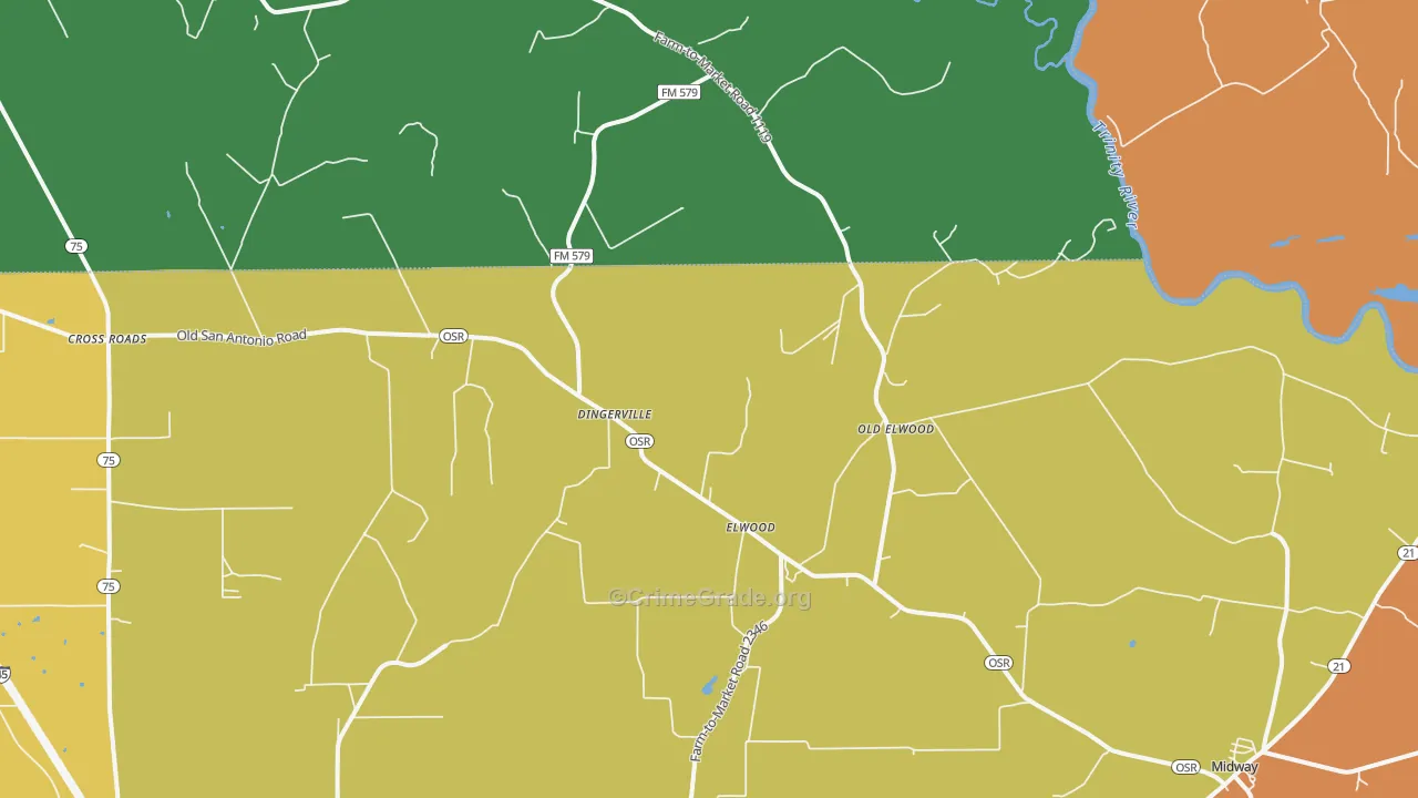 Elwood, TX Map of Robbery Rates