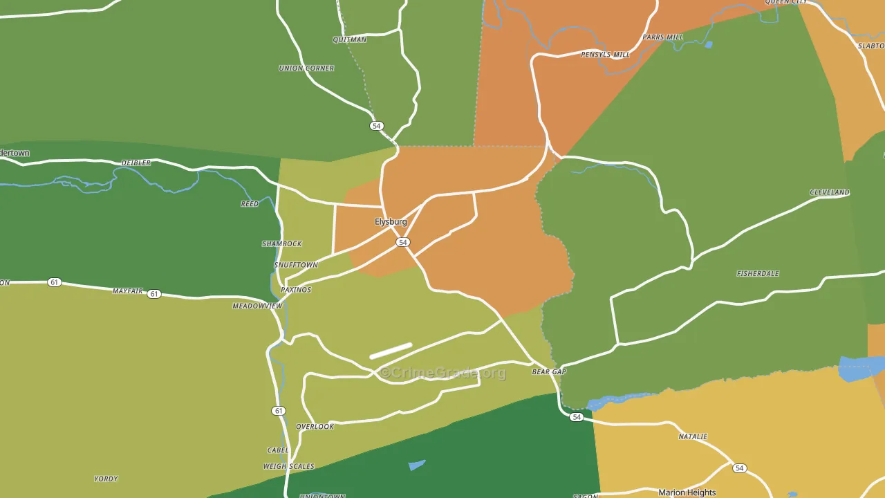 Elysburg, PA Map of Robbery Rates