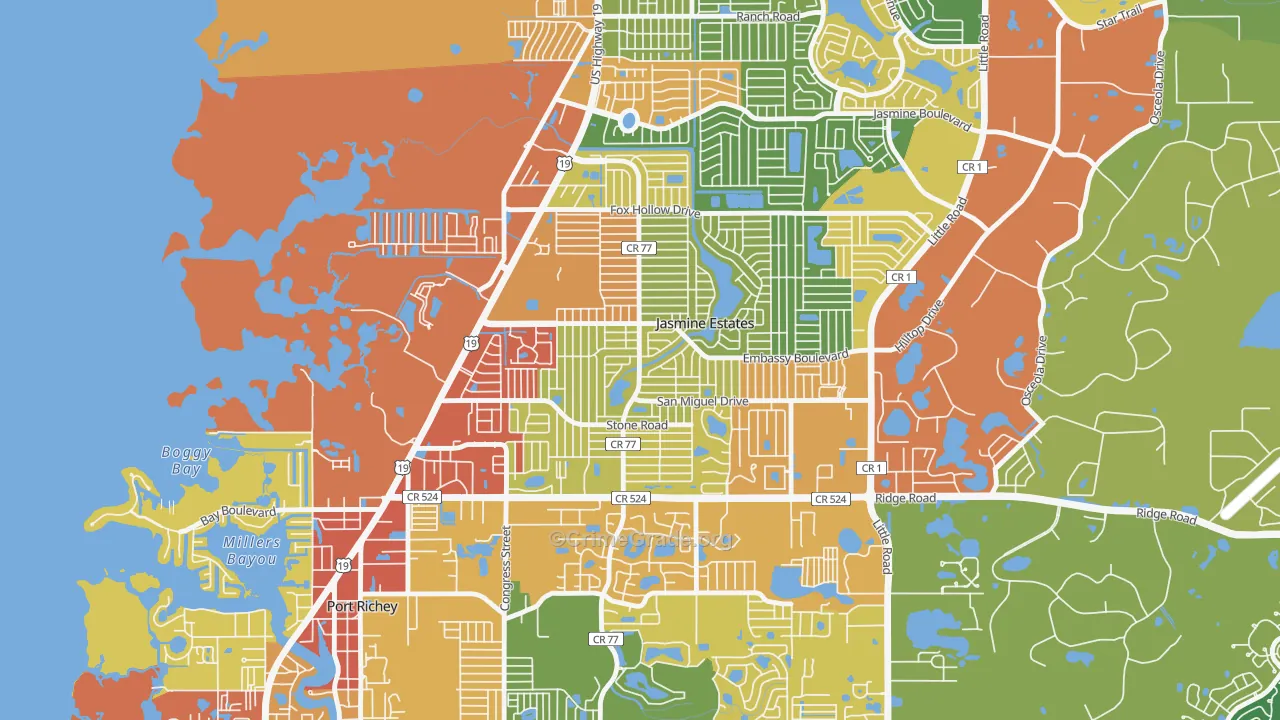 Embassy Hills, Jasmine Estates, FL Map of Robbery Rates