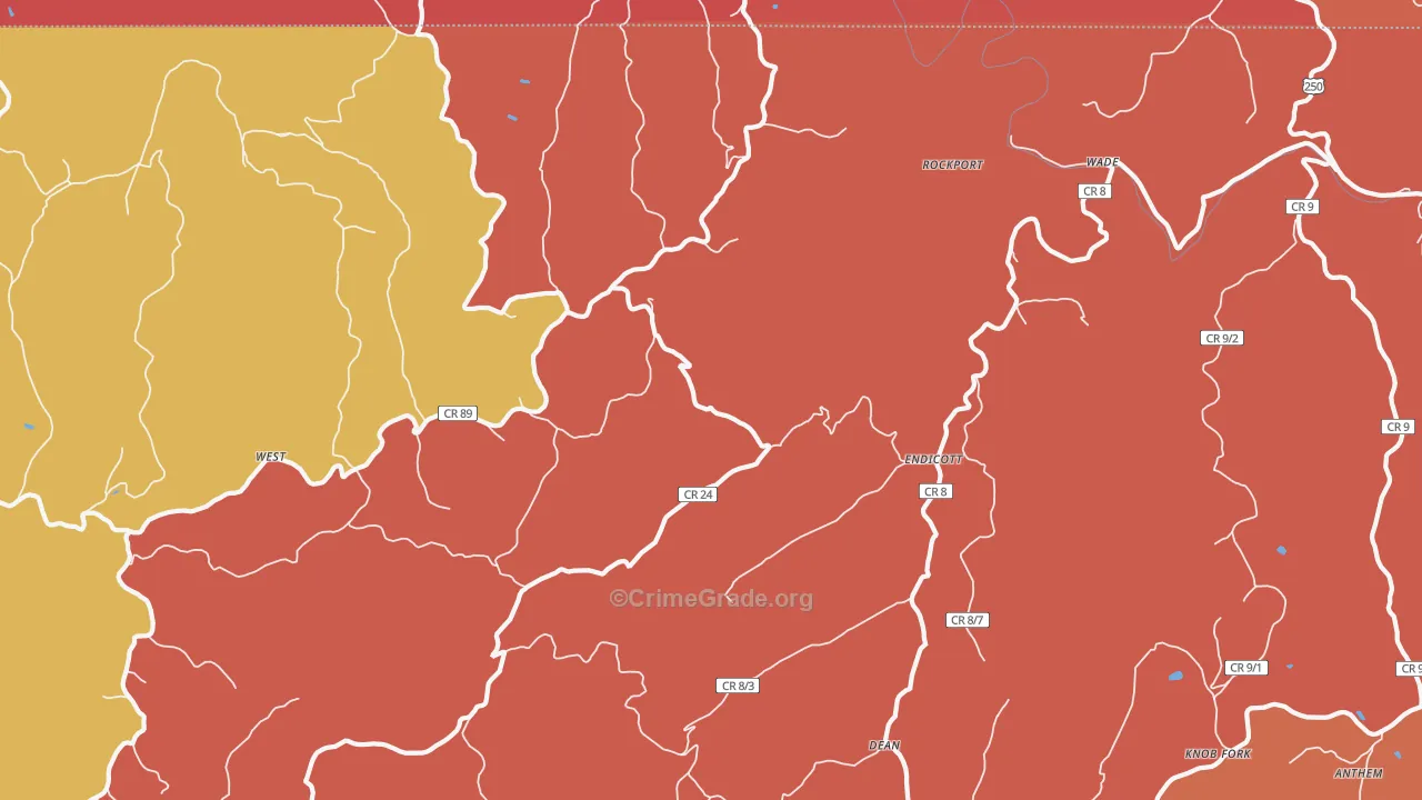Endicott, WV Map of Robbery Rates