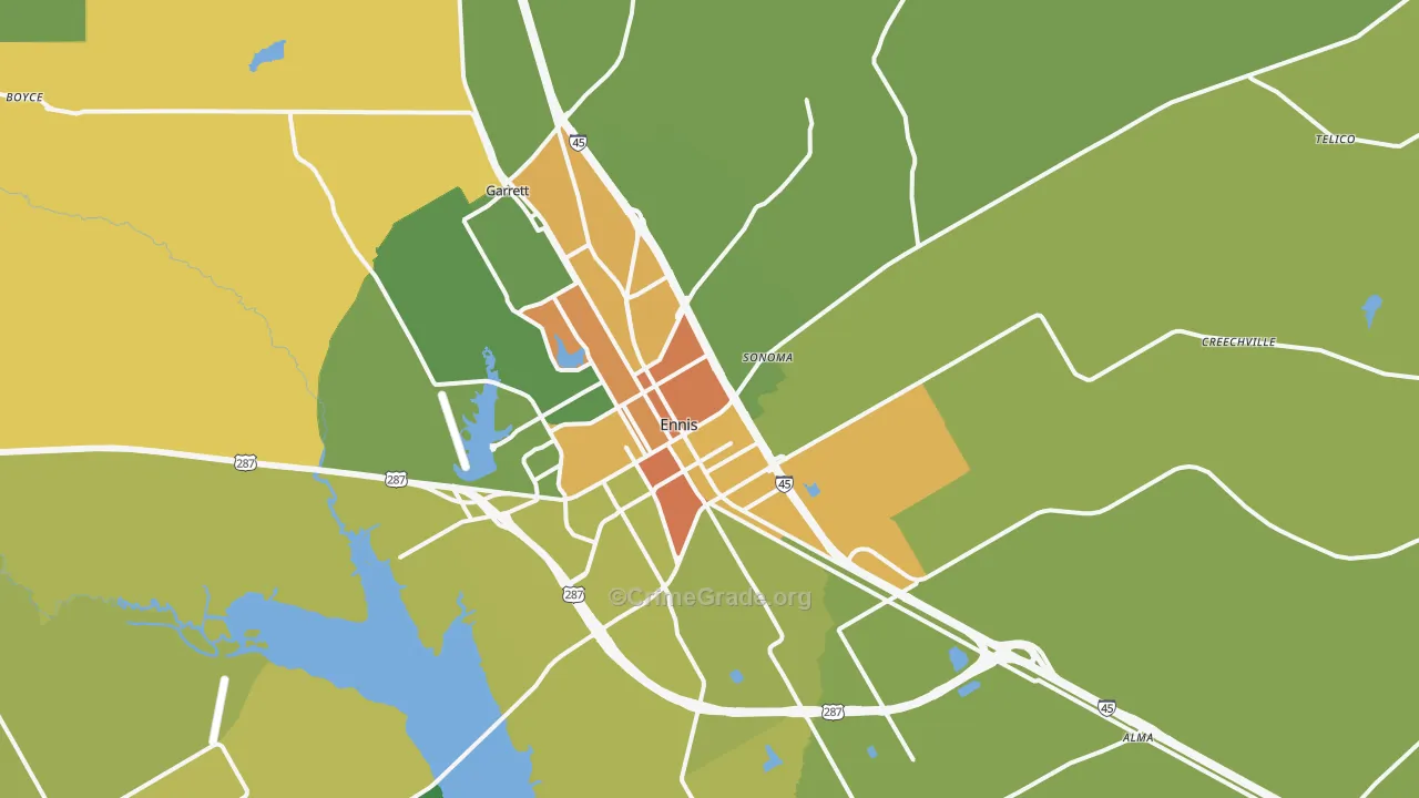 Ennis, TX Map of Robbery Rates