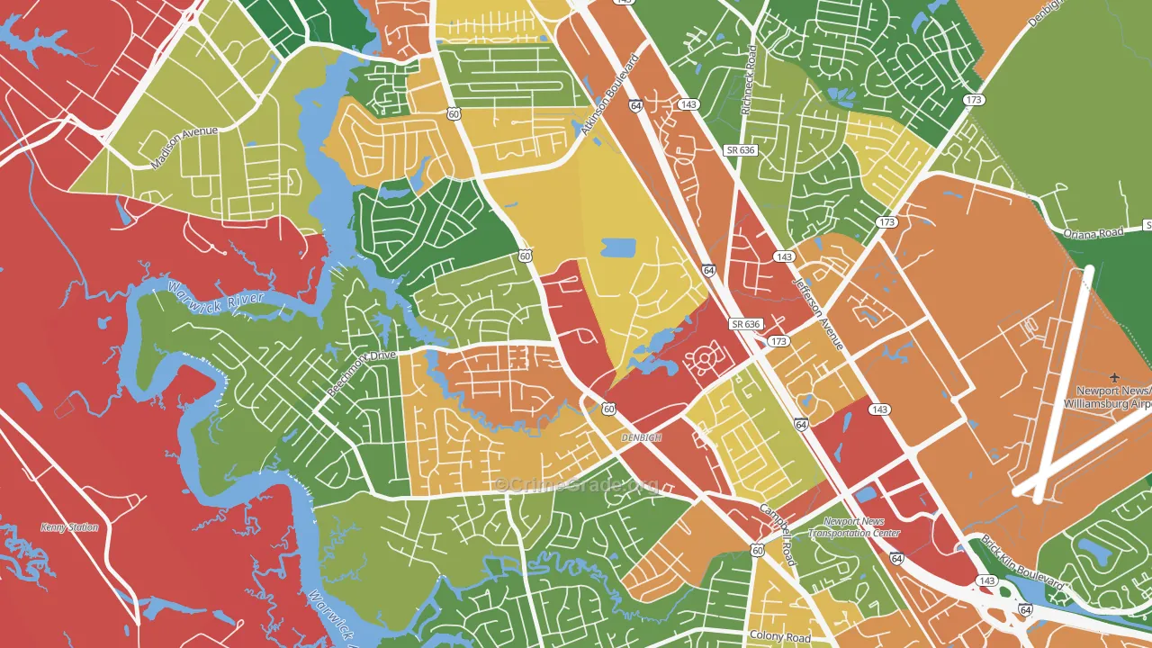 Epes, Newport News, VA Map of Robbery Rates