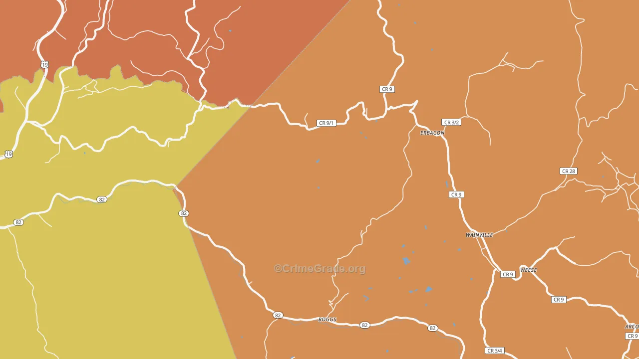 Erbacon, WV Map of Robbery Rates