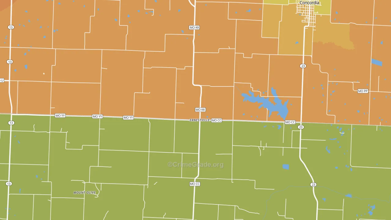 Ernestville, MO Map of Robbery Rates