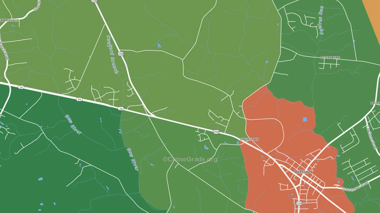 Ervintown, NC Map of Robbery Rates