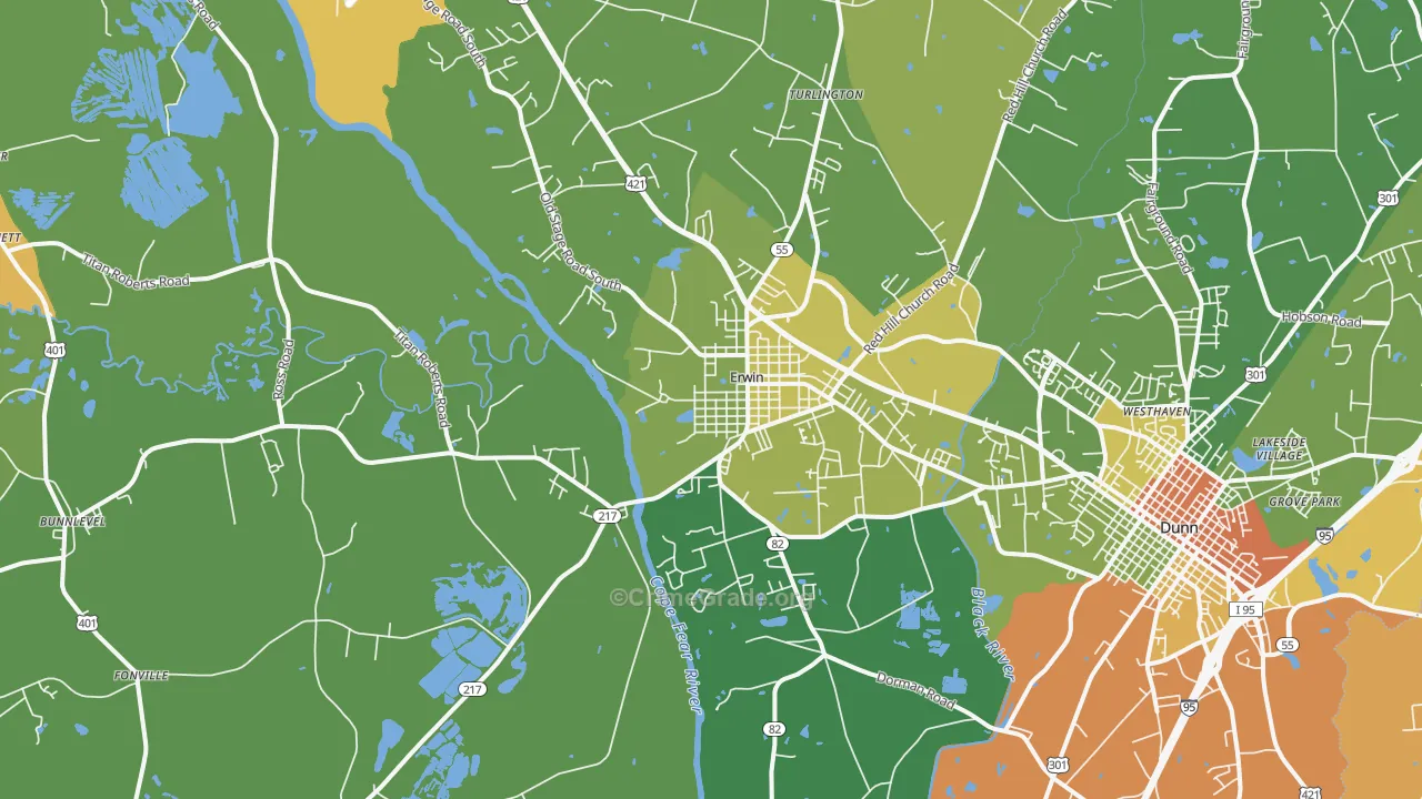 Erwin, NC Map of Robbery Rates