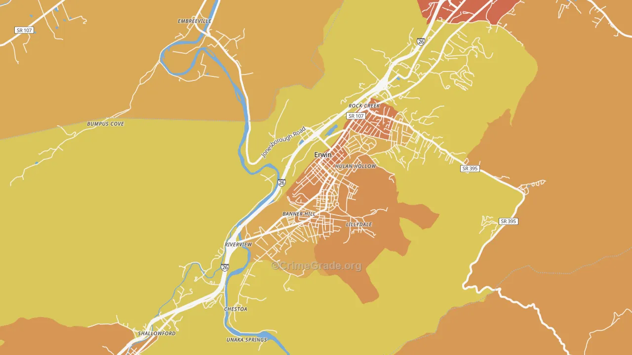 Erwin, TN Map of Robbery Rates