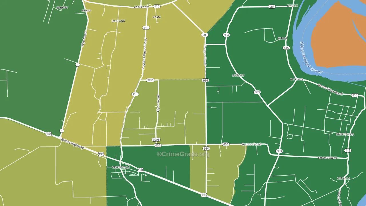 Erwinville, LA Map of Robbery Rates